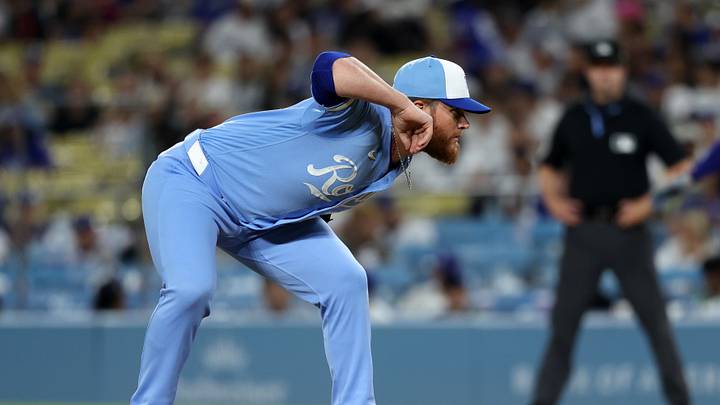 Aug 12, 2026; Los Angeles, California, USA;  Kansas City Royals pitcher Craig Kimbrel (26) pitches during the eighth inning against the Los Angeles Dodgers at Dodger Stadium. Mandatory Credit: Kiyoshi Mio-Imagn Images