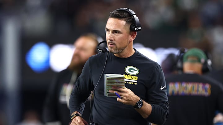 Sep 28, 2025; Arlington, Texas, USA; Green Bay Packers head coach Matt LaFleur looks on in the first quarter against the Dallas Cowboys at AT&T Stadium. Mandatory Credit: Kevin Jairaj-Imagn Images