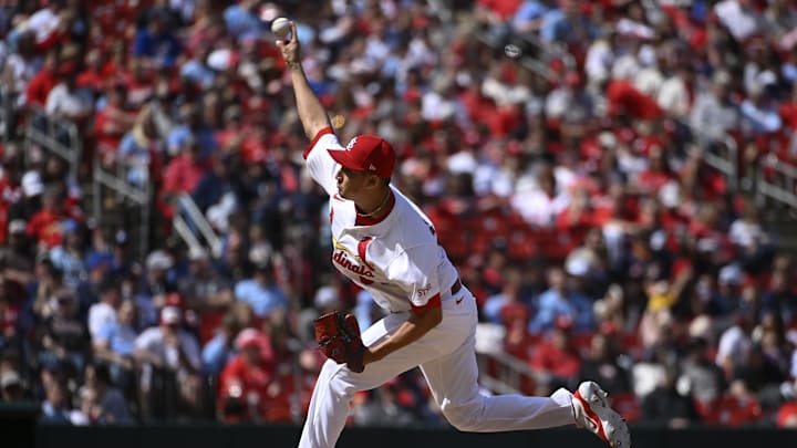 St. Louis Cardinals relief pitcher Giovanny Gallegos (65) pitches against the Milwaukee Brewers in the sixth inning at Busch Stadium on April 20.