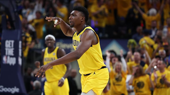May 31, 2025; Indianapolis, Indiana, USA; Indiana Pacers center Thomas Bryant (3) celebrates after a three-point basket against the New York Knicks in the third quarter during game six of the eastern conference finals for the 2025 NBA Playoffs at Gainbridge Fieldhouse. Mandatory Credit: Trevor Ruszkowski-Imagn Images