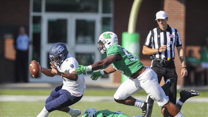 Oct 9, 2021; Huntington, West Virginia, USA; Marshall Thundering Herd defensive lineman Sam Burton