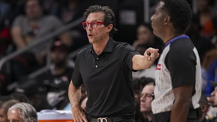 Oct 28, 2024; Atlanta, Georgia, USA; Atlanta Hawks head coach Quin Snyder reacts on the bench during the game against the Washington Wizards during the second half at State Farm Arena. Mandatory Credit: Dale Zanine-Imagn Images