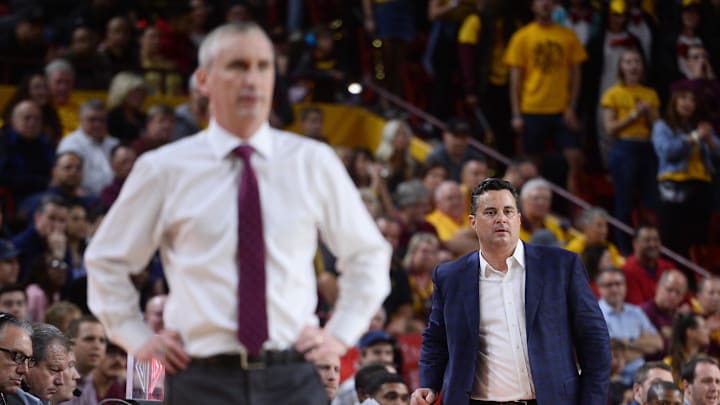 Jan 25, 2020; Tempe, Arizona, USA; Arizona State Sun Devils head coach Bobby Hurley and Arizona Wildcats head coach Sean Miller look on during the second half at Desert Financial Arena. Mandatory Credit: Joe Camporeale-Imagn Images Jan 25, 2020; Tempe, Arizona, USA; Arizona State Sun Devils head coach Bobby Hurley and Arizona Wildcats head coach Sean Miller look on during the second half at Desert Financial Arena. Mandatory Credit: Joe Camporeale-Imagn Images