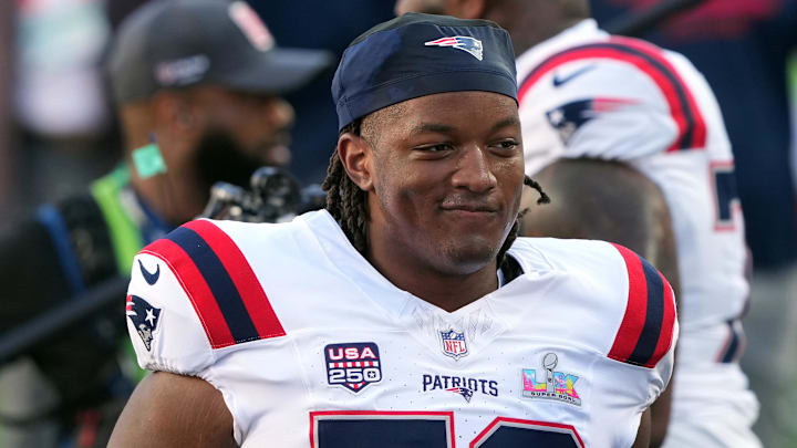 Feb 8, 2026; Santa Clara, CA, USA; New England Patriots guard Jared Wilson (58) before Super Bowl LX against the Seattle Seahawks at Levi's Stadium. Mandatory Credit: Darren Yamashita-Imagn Images