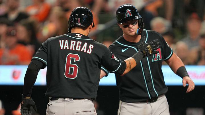 Apr 14, 2026; Baltimore, Maryland, USA; Arizona Diamondbacks second baseman Ildemaro Vargas (6) greeted by catcher James McCann (8) after hitting a three-run home run during the fifth inning against the Baltimore Orioles at Oriole Park at Camden Yards. Mandatory Credit: Mitch Stringer-Imagn Images Apr 14, 2026; Baltimore, Maryland, USA; Arizona Diamondbacks second baseman Ildemaro Vargas (6) greeted by catcher James McCann (8) after hitting a three-run home run during the fifth inning against the Baltimore Orioles at Oriole Park at Camden Yards. Mandatory Credit: Mitch Stringer-Imagn Images