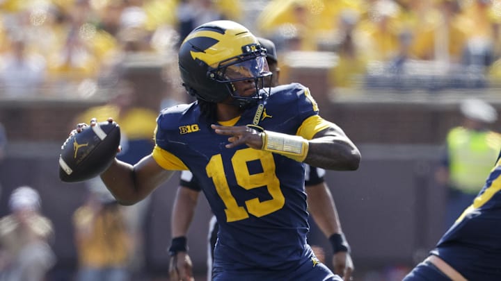Oct 4, 2025; Ann Arbor, Michigan, USA;  Michigan Wolverines quarterback Bryce Underwood (19) passes in the second half against the Wisconsin Badgers at Michigan Stadium. Mandatory Credit: Rick Osentoski-Imagn Images
