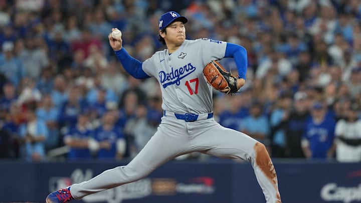 Nov 1, 2025; Toronto, Ontario, CAN; Los Angeles Dodgers starting pitcher Shohei Ohtani (17) throws pitch against the Toronto Blue Jays in the first inning for game seven of the 2025 MLB World Series at Rogers Centre. Mandatory Credit: Nick Turchiaro-Imagn Images Nov 1, 2025; Toronto, Ontario, CAN; Los Angeles Dodgers starting pitcher Shohei Ohtani (17) throws pitch against the Toronto Blue Jays in the first inning for game seven of the 2025 MLB World Series at Rogers Centre. Mandatory Credit: Nick Turchiaro-Imagn Images