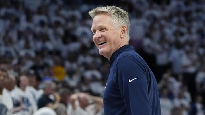 May 6, 2025; Minneapolis, Minnesota, USA; Golden State Warriors head coach Steve Kerr laughs as a player comes out of the game against the Minnesota Timberwolves in the first quarter during game one of the second round for the 2025 NBA Playoffs at Target Center. Mandatory Credit: Bruce Kluckhohn-Imagn Images May 6, 2025; Minneapolis, Minnesota, USA; Golden State Warriors head coach Steve Kerr laughs as a player comes out of the game against the Minnesota Timberwolves in the first quarter during game one of the second round for the 2025 NBA Playoffs at Target Center. Mandatory Credit: Bruce Kluckhohn-Imagn Images