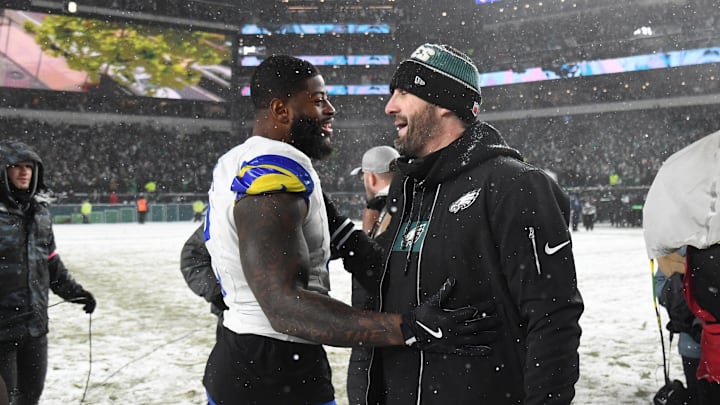 Jan 19, 2025; Philadelphia, Pennsylvania, USA; Los Angeles Rams linebacker Jared Verse (8) greets Philadelphia Eagles head coach Nick Sirianni (right) after the 2025 NFC divisional round game at Lincoln Financial Field. Mandatory Credit: Eric Hartline-Imagn Images