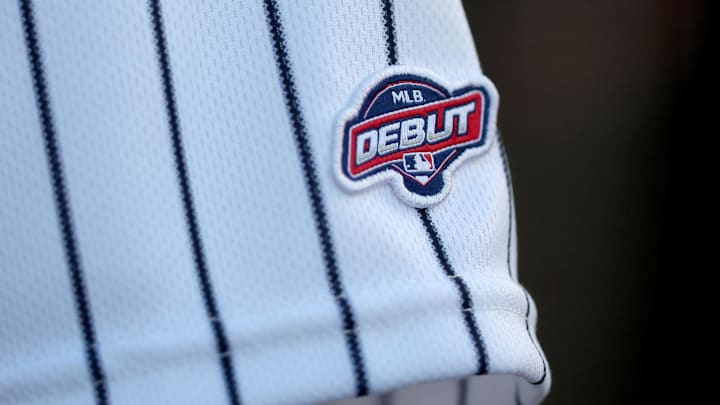 Aug 22, 2023; Bronx, New York, USA; Detail view of the MLB debut patch on the sleeve of New York Yankees left fielder Everson Pereira (80) in the dugout before a game against the Washington Nationals at Yankee Stadium. Mandatory Credit: Brad Penner-Imagn Images