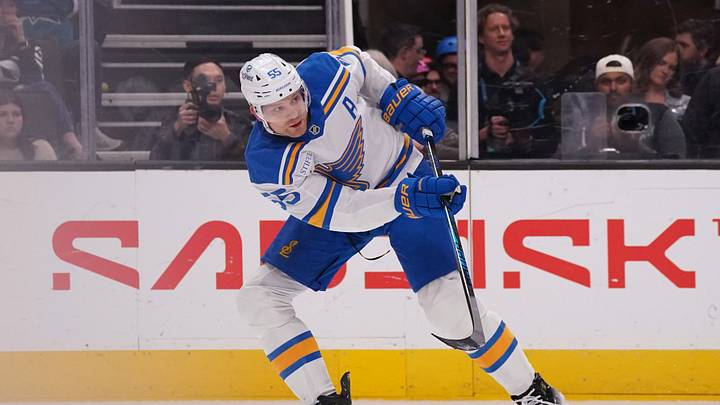 Mar 30, 2026; San Jose, California, USA;  St. Louis Blues defenseman Colton Parayko (55) passes the puck against the San Jose Sharks in the third period at SAP Center at San Jose. Mandatory Credit: David Gonzales-Imagn Images