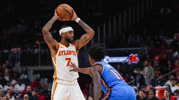 Oct 12, 2026; Atlanta, Georgia, USA; Atlanta Hawks guard Nickeil Alexander-Walker (7) looks to pass against Oklahoma City Thunder guard Otega Oweh (13) during the first quarter at State Farm Arena. Mandatory Credit: Jordan Godfree-Imagn Images Oct 12, 2026; Atlanta, Georgia, USA; Atlanta Hawks guard Nickeil Alexander-Walker (7) looks to pass against Oklahoma City Thunder guard Otega Oweh (13) during the first quarter at State Farm Arena. Mandatory Credit: Jordan Godfree-Imagn Images