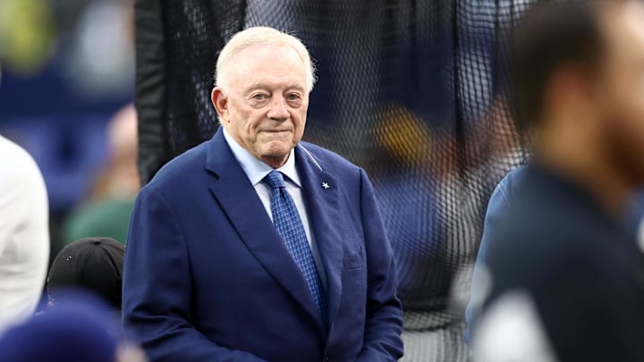 Sep 28, 2025; Arlington, Texas, USA; Dallas Cowboys owner Jerry Jones looks on before the game against the Green Bay Packers at AT&T Stadium. Mandatory Credit: Kevin Jairaj-Imagn Images