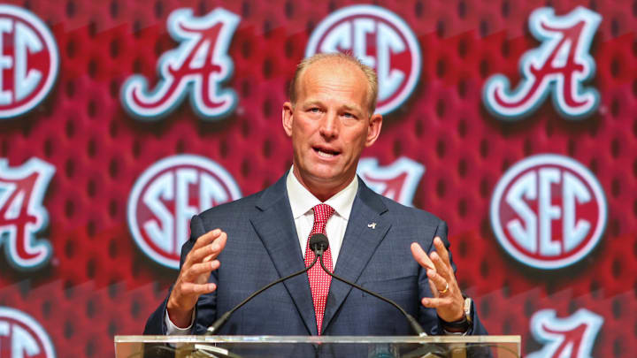 Jul 16, 2025; Atlanta, GA, USA; University of Alabama head coach Kalen Deboer talks to the media during the SEC Media Days at Omni Atlanta Hotel. Mandatory Credit: Jordan Godfree-Imagn Images
