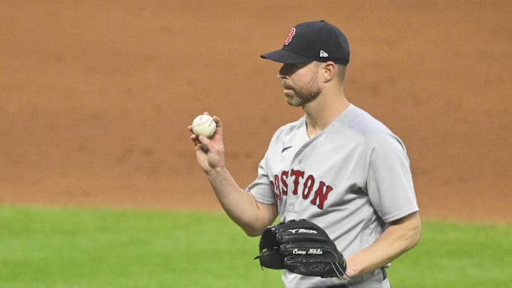 Jun 8, 2023; Cleveland, Ohio, USA; Boston Red Sox starting pitcher Corey Kluber (28) reacts in the