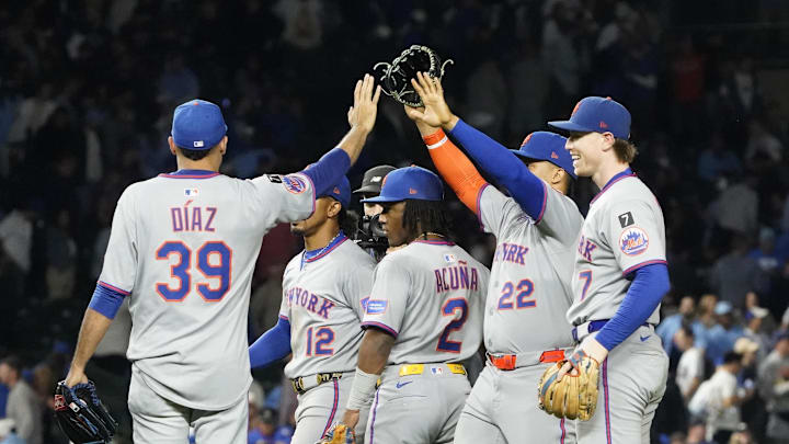 Sep 25, 2025; Chicago, Illinois, USA; The New York Mets celebrate their win against the Chicago Cubs at Wrigley Field. Mandatory Credit: David Banks-Imagn Images