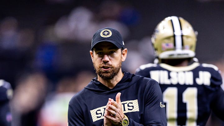 Sep 8, 2024; New Orleans, Louisiana, USA; New Orleans Saints offensive coordinator Klint Kubiak reacts against the Carolina Panthers during the pregame at Caesars Superdome. Mandatory Credit: Stephen Lew-Imagn Images Sep 8, 2024; New Orleans, Louisiana, USA; New Orleans Saints offensive coordinator Klint Kubiak reacts against the Carolina Panthers during the pregame at Caesars Superdome. Mandatory Credit: Stephen Lew-Imagn Images