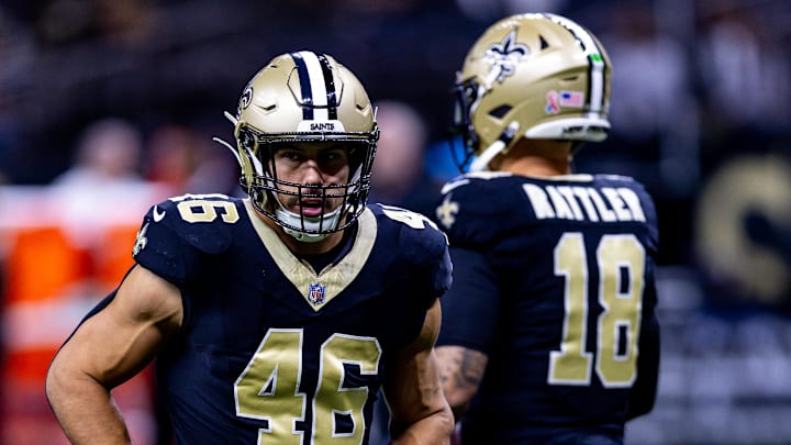Sep 8, 2024; New Orleans, Louisiana, USA;  New Orleans Saints fullback Adam Prentice (46) against the Carolina Panthers during the pregame at Caesars Superdome. Mandatory Credit: Stephen Lew-Imagn Images