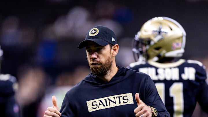Sep 8, 2024; New Orleans, Louisiana, USA;  New Orleans Saints offensive coordinator Klint Kubiak reacts against the Carolina Panthers during the pregame at Caesars Superdome.