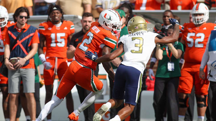 Nov 9, 2024; Atlanta, Georgia, USA; Miami Hurricanes wide receiver Isaiah Horton (2) is pushed out of bounds by Georgia Tech Yellow Jackets defensive back Ahmari Harvey (3) in the second quarter at Bobby Dodd Stadium at Hyundai Field. Mandatory Credit: Brett Davis-Imagn Images