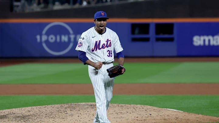 Sep 16, 2024; New York City, New York, USA; New York Mets relief pitcher Edwin Diaz (39) reacts during the ninth inning against the Washington Nationals at Citi Field.