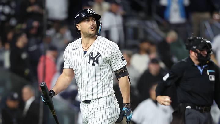 Oct 7, 2026; Bronx, New York, USA; New York Yankees designated hitter Giancarlo Stanton (27) reacts after striking out during the eighth inning against the Tampa Bay Rays in game three of the ALDS for the 2026 MLB Playoffs at Yankee Stadium. Mandatory Credit: Wendell Cruz-Imagn Images Oct 7, 2026; Bronx, New York, USA; New York Yankees designated hitter Giancarlo Stanton (27) reacts after striking out during the eighth inning against the Tampa Bay Rays in game three of the ALDS for the 2026 MLB Playoffs at Yankee Stadium. Mandatory Credit: Wendell Cruz-Imagn Images