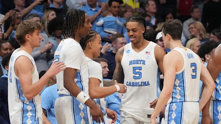 March 23, 2024, Charlotte, NC, USA; North Carolina Tar Heels forward Armando Bacot (5) celebrates