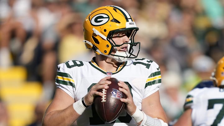 Green Bay Packers quarterback Taylor Elgersma throws during a 2025 NFL preseason game against the Seattle Seahawks