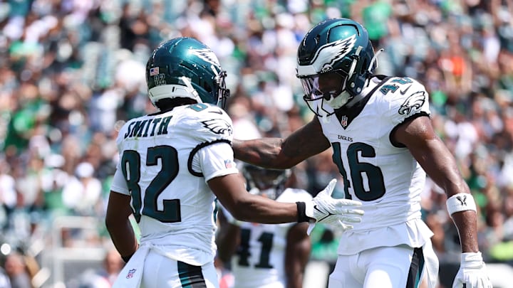 Aug 16, 2025; Philadelphia, Pennsylvania, USA; Philadelphia Eagles wide receiver Ainias Smith (82) celebrates with wide receiver Terrace Marshall Jr. (46) after a touchdown catch against the Cleveland Browns during the second quarter at Lincoln Financial Field. Mandatory Credit: Bill Streicher-Imagn Images Aug 16, 2025; Philadelphia, Pennsylvania, USA; Philadelphia Eagles wide receiver Ainias Smith (82) celebrates with wide receiver Terrace Marshall Jr. (46) after a touchdown catch against the Cleveland Browns during the second quarter at Lincoln Financial Field. Mandatory Credit: Bill Streicher-Imagn Images