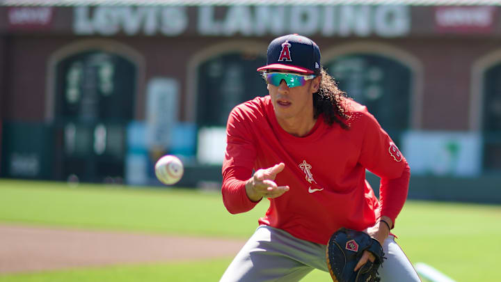 Jun 15, 2024; San Francisco, California, USA; Los Angeles Angels infielder Cole Tucker (8) warms up before the game between the San Francisco Giants and the Los Angeles Angels at Oracle Park. Mandatory Credit: Robert Edwards-Imagn Images