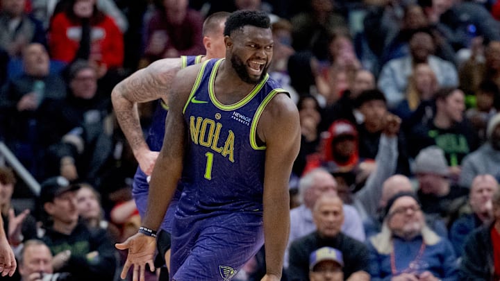 Jan 7, 2025; New Orleans, Louisiana, USA; New Orleans Pelicans forward Zion Williamson (1) reacts after a fouled was not called against the Minnesota Timberwolves during the second half at Smoothie King Center. 