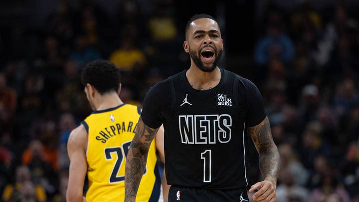 Mar 20, 2025; Indianapolis, Indiana, USA; Brooklyn Nets guard D'Angelo Russell (1) celebrates a made basket in the second half against the Indiana Pacers at Gainbridge Fieldhouse. Mandatory Credit: Trevor Ruszkowski-Imagn Images Mar 20, 2025; Indianapolis, Indiana, USA; Brooklyn Nets guard D'Angelo Russell (1) celebrates a made basket in the second half against the Indiana Pacers at Gainbridge Fieldhouse. Mandatory Credit: Trevor Ruszkowski-Imagn Images