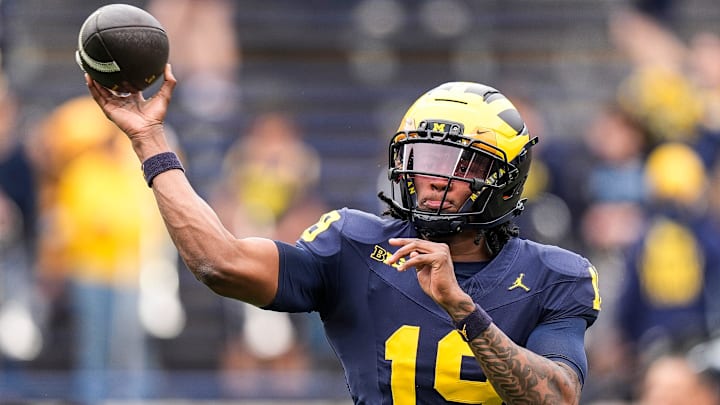 Michigan quarterback Bryce Underwood (19) throws at warm up before the spring game at Michigan Stadium in Ann Arbor on Saturday, April 19, 2025.