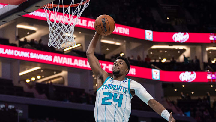 Feb 28, 2026; Charlotte, North Carolina, USA; Charlotte Hornets forward Brandon Miller (24) goes to the basket for a dunk against the Portland Trail Blazers during the first quarter at Spectrum Center. Mandatory Credit: Scott Kinser-Imagn Images Feb 28, 2026; Charlotte, North Carolina, USA; Charlotte Hornets forward Brandon Miller (24) goes to the basket for a dunk against the Portland Trail Blazers during the first quarter at Spectrum Center. Mandatory Credit: Scott Kinser-Imagn Images