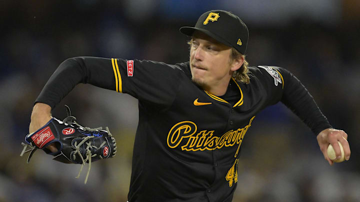 Apr 25, 2025; Los Angeles, California, USA;  Pittsburgh Pirates relief pitcher Ryan Borucki (43) delivers to the plate in the seventh inning against the Los Angeles Dodgers at Dodger Stadium. Mandatory Credit: Jayne Kamin-Oncea-Imagn Images