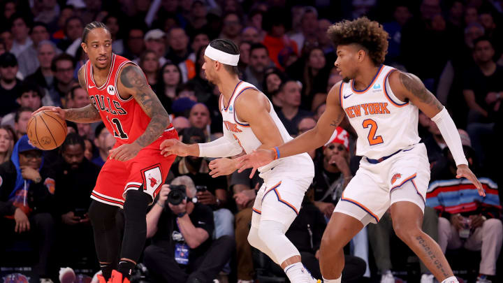 Jan 3, 2024; New York, New York, USA; Chicago Bulls forward DeMar DeRozan (11) controls the ball