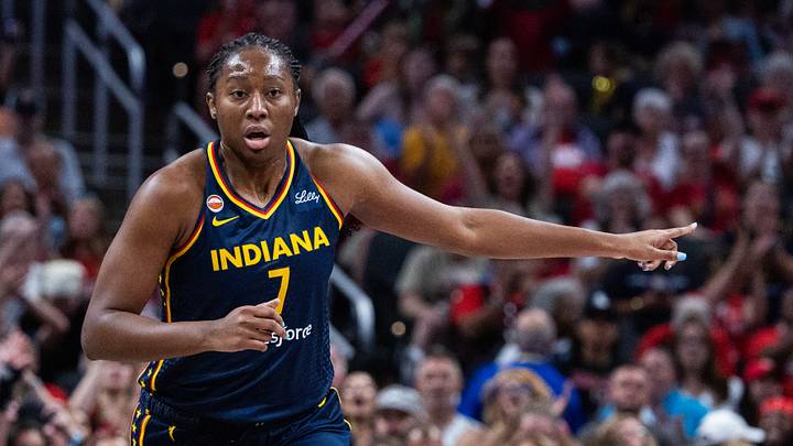 Jun 11, 2026; Indianapolis, Indiana, USA; Indiana Fever center-forward Aliyah Boston (7) celebrates a made basket in the first half against the Chicago Sky at Gainbridge Fieldhouse. Mandatory Credit: Trevor Ruszkowski-Imagn Images