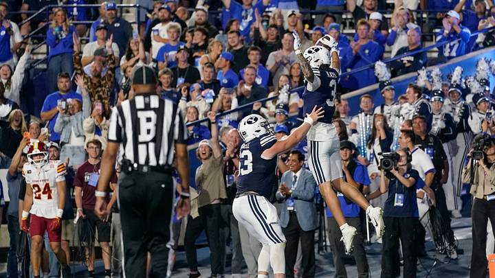 Oct 9, 2026; Provo, Utah, USA;  BYU Cougars wide receiver Kyler Kasper (3) celebrates a touchdown with BYU Cougars offensive lineman Bruce Mitchell (63) during the first half at LaVell Edwards Stadium.  Mandatory Credit: Aaron Baker-Imagn Images