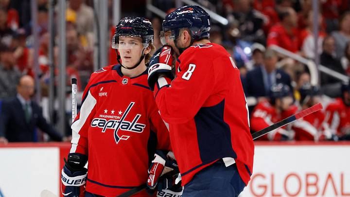 Apr 12, 2026; Washington, District of Columbia, USA; Washington Capitals left wing Alex Ovechkin (8) talks with Capitals defenseman Cole Hutson (44) in Pittsburgh. Apr 12, 2026; Washington, District of Columbia, USA; Washington Capitals left wing Alex Ovechkin (8) talks with Capitals defenseman Cole Hutson (44) in Pittsburgh.