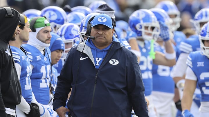 Nov 29, 2025; Provo, Utah, USA; BYU Cougars head coach Kalani Sitake during the first half against the UCF Knights at LaVell Edwards Stadium. Mandatory Credit: Rob Gray-Imagn Images