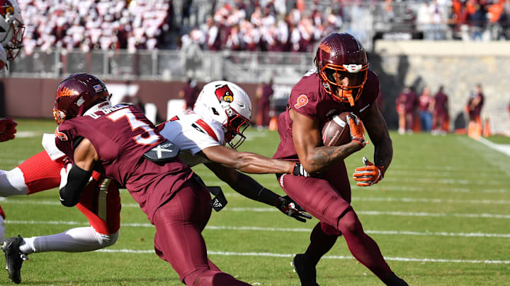 Nov 1, 2025; Blacksburg, Va.; Virginia Tech wide receiver Cameron Seldon (9) runs the ball for a touchdown vs. Louisville.