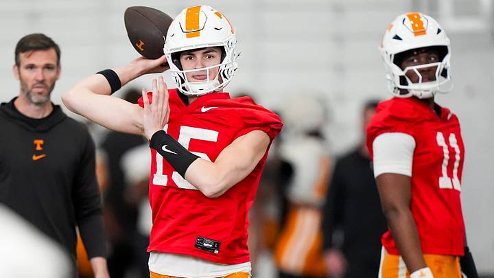 Tennessee quarterback George MacIntyre (15) during the Vols' spring football practice in Knoxville on March 17, 2026.