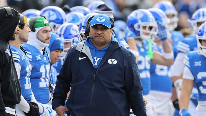 Nov 29, 2025; Provo, Utah, USA; BYU Cougars head coach Kalani Sitake during the first half against the UCF Knights at LaVell Edwards Stadium. Mandatory Credit: Rob Gray-Imagn Images