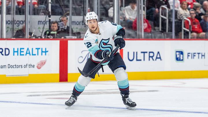 Oct 9, 2026; Detroit, Michigan, USA; Seattle Kraken defenseman Brandon Montour (62) passes the puck in the third period against the Detroit Red Wings at Little Caesars Arena. Mandatory Credit: Paul Barnick-Imagn Images Oct 9, 2026; Detroit, Michigan, USA; Seattle Kraken defenseman Brandon Montour (62) passes the puck in the third period against the Detroit Red Wings at Little Caesars Arena. Mandatory Credit: Paul Barnick-Imagn Images