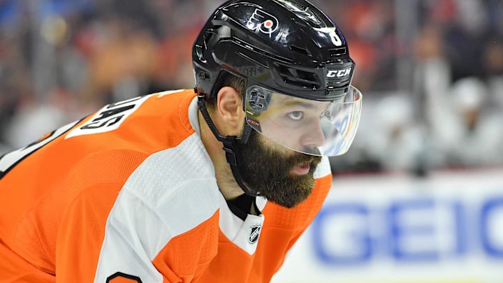Oct 9, 2018; Philadelphia, PA, USA; Philadelphia Flyers defenseman Radko Gudas (3) during the second period against the San Jose Sharks at Wells Fargo Center. Mandatory Credit: Eric Hartline-Imagn Images