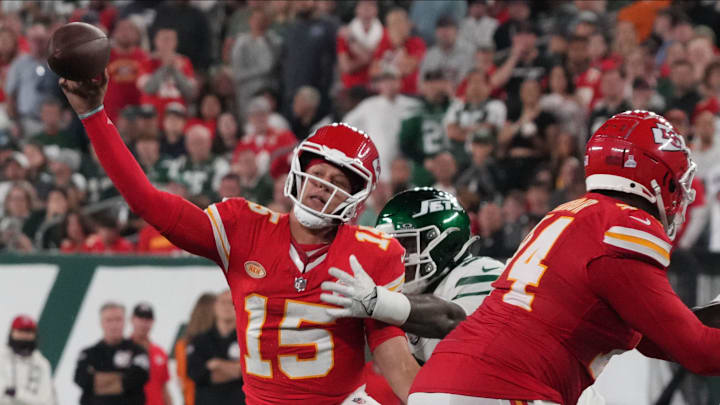 East Rutherford, NJ October 1, 2023 Chiefs quarterback Patrick Mahomes is hit as he gets rid of the ball in the second half. The New York Jets host the Kansas City Chiefs at MetLife Stadium in East Rutherford, NJ on October 1, 2023. East Rutherford, NJ October 1, 2023 Chiefs quarterback Patrick Mahomes is hit as he gets rid of the ball in the second half. The New York Jets host the Kansas City Chiefs at MetLife Stadium in East Rutherford, NJ on October 1, 2023.