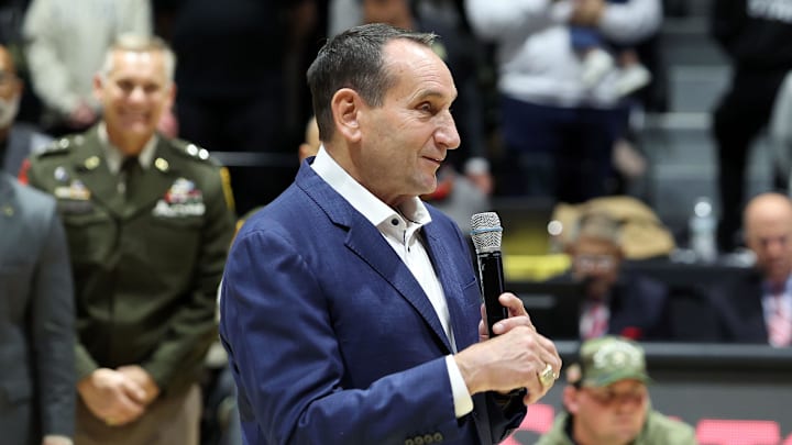 Nov 11, 2025; West Point, New York, USA; Former Duke Blue Devils and Army head coach Mike Krzyzewski is honored by West Point before a game between the Army Black Knights and Duke Blue Devils at Christl Arena. Mandatory Credit: Danny Wild-Imagn Images