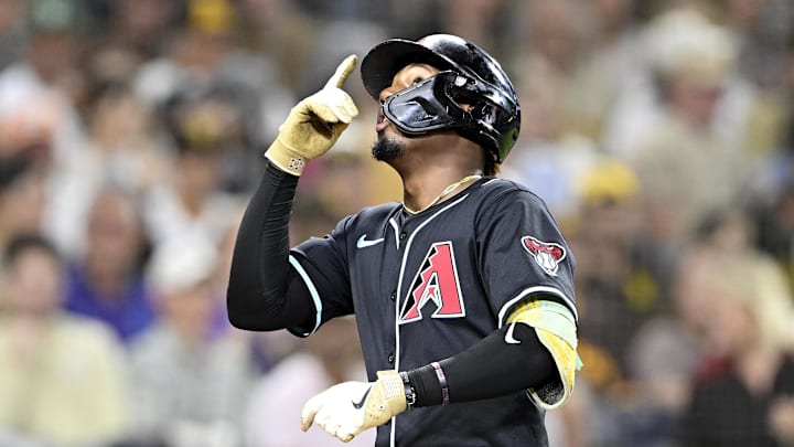 Sep 27, 2025; San Diego, California, USA; Arizona Diamondbacks shortstop Geraldo Perdomo (2) points skyward after hitting a solo home run during the fifth inning against the San Diego Padres at Petco Park. Mandatory Credit: Denis Poroy-Imagn Images Sep 27, 2025; San Diego, California, USA; Arizona Diamondbacks shortstop Geraldo Perdomo (2) points skyward after hitting a solo home run during the fifth inning against the San Diego Padres at Petco Park. Mandatory Credit: Denis Poroy-Imagn Images