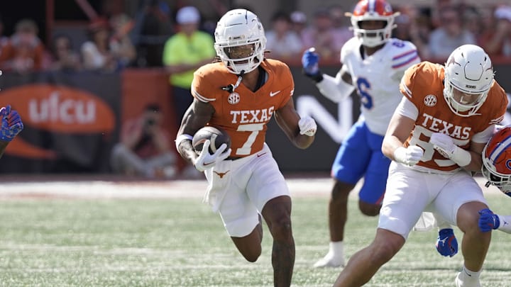 Nov 9, 2024; Austin, Texas, USA; Texas Longhorns wide receiver Isaiah Bond (7) runs for yardage after making a catch during the first half against the Florida Gators at Darrell K Royal-Texas Memorial Stadium. Mandatory Credit: Scott Wachter-Imagn Images