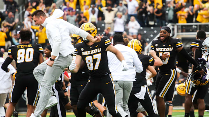 The Missouri celebration begins after Harrison Mevis's game-winning field goal during a game against Kansas State at Memorial Stadium on Sept. 16, 2023, in Columbia, Mo.